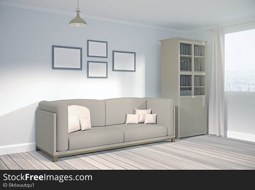 Side view of modern living room interior with city, view, furniture and empty banner on wall. Mock up, 3D Rendering. Side view of modern living room interior with city, view, furniture and empty banner on wall. Mock up, 3D Rendering