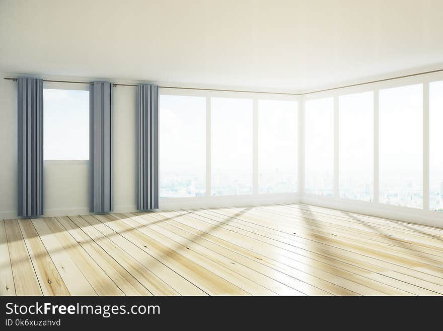 Minimalistic spacious empty unfurnished office interior with city view, curtains and sunlight. 3D Rendering. Minimalistic spacious empty unfurnished office interior with city view, curtains and sunlight. 3D Rendering