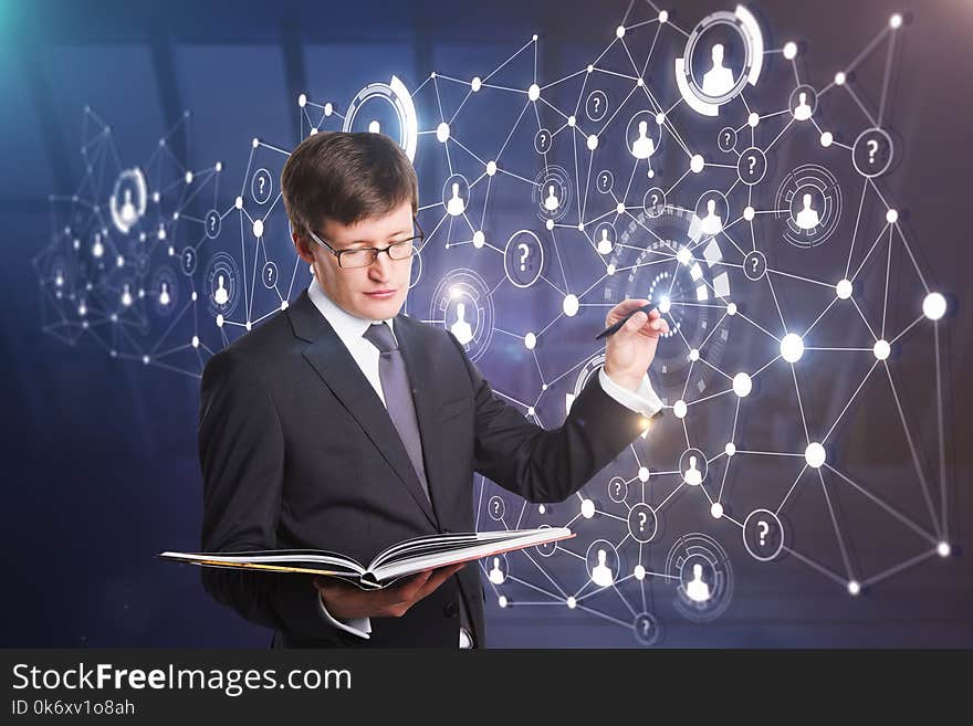 Businessman drawing abstract digital business screen on creative background. Finance and future concept. Double exposure. Businessman drawing abstract digital business screen on creative background. Finance and future concept. Double exposure