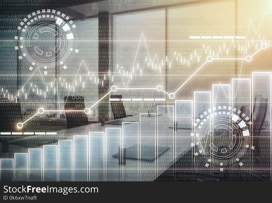 Creative digital business interface on blurry meeting room interior background. Conference and finance concept. Double exposure. Creative digital business interface on blurry meeting room interior background. Conference and finance concept. Double exposure