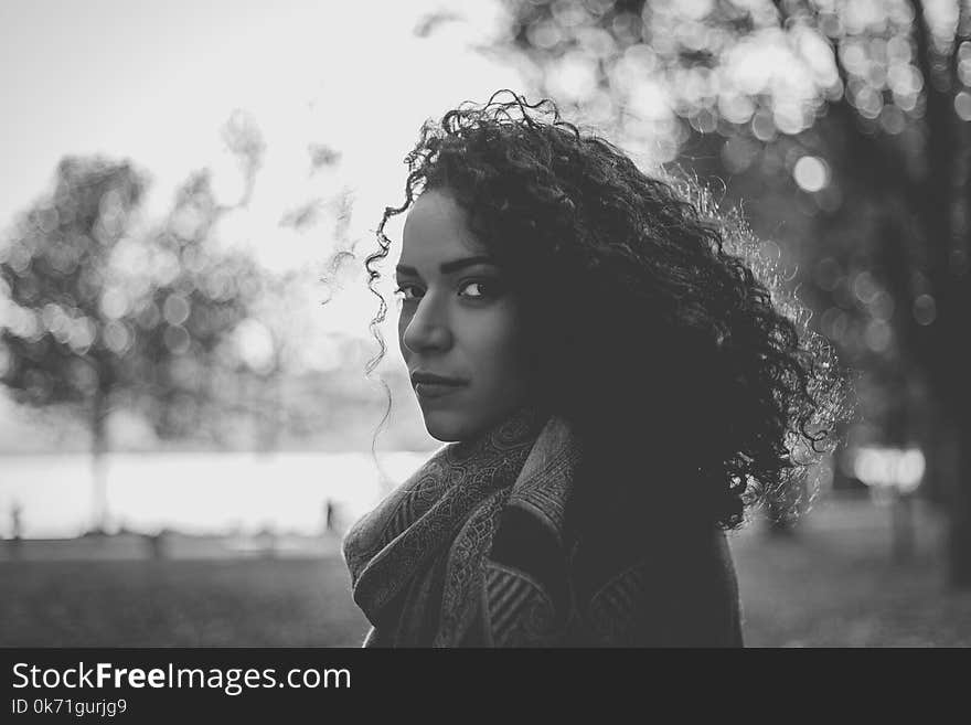 Woman Wearing Scarf Grayscale Photo