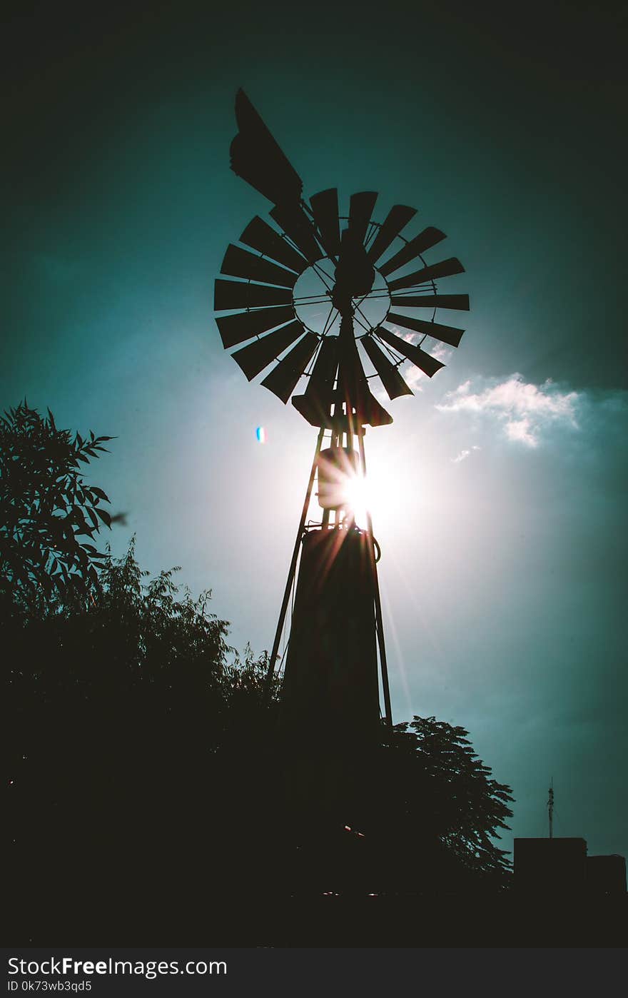 Silhouette of Farm Windmill