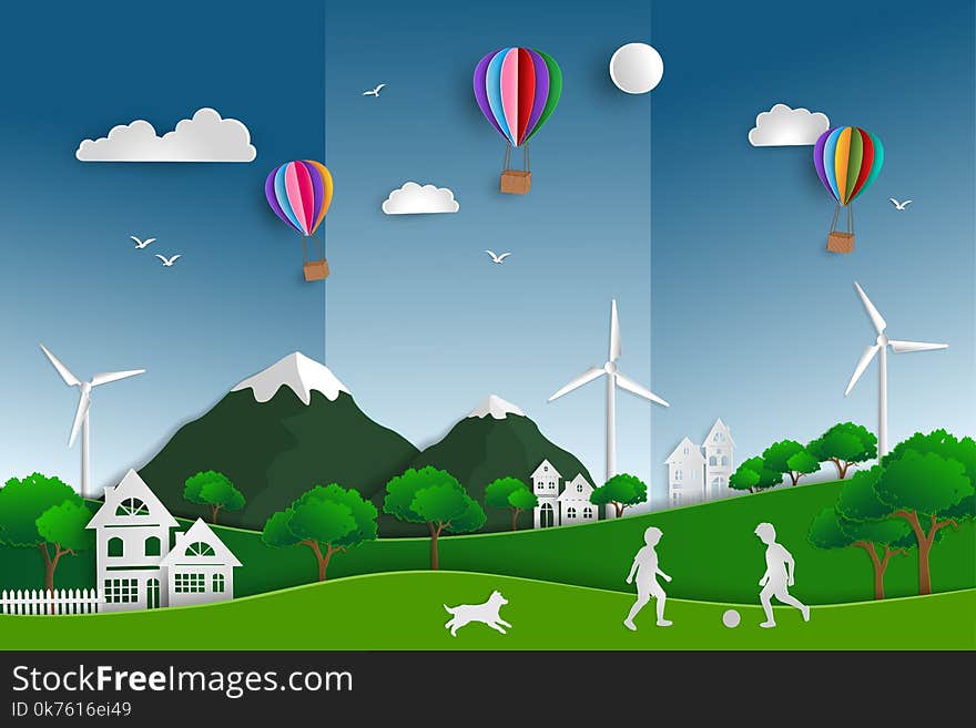 Concept of eco friendly save the world and environment with green nature landscape paper art scene background,child playing football in the field with dog,vector illustration