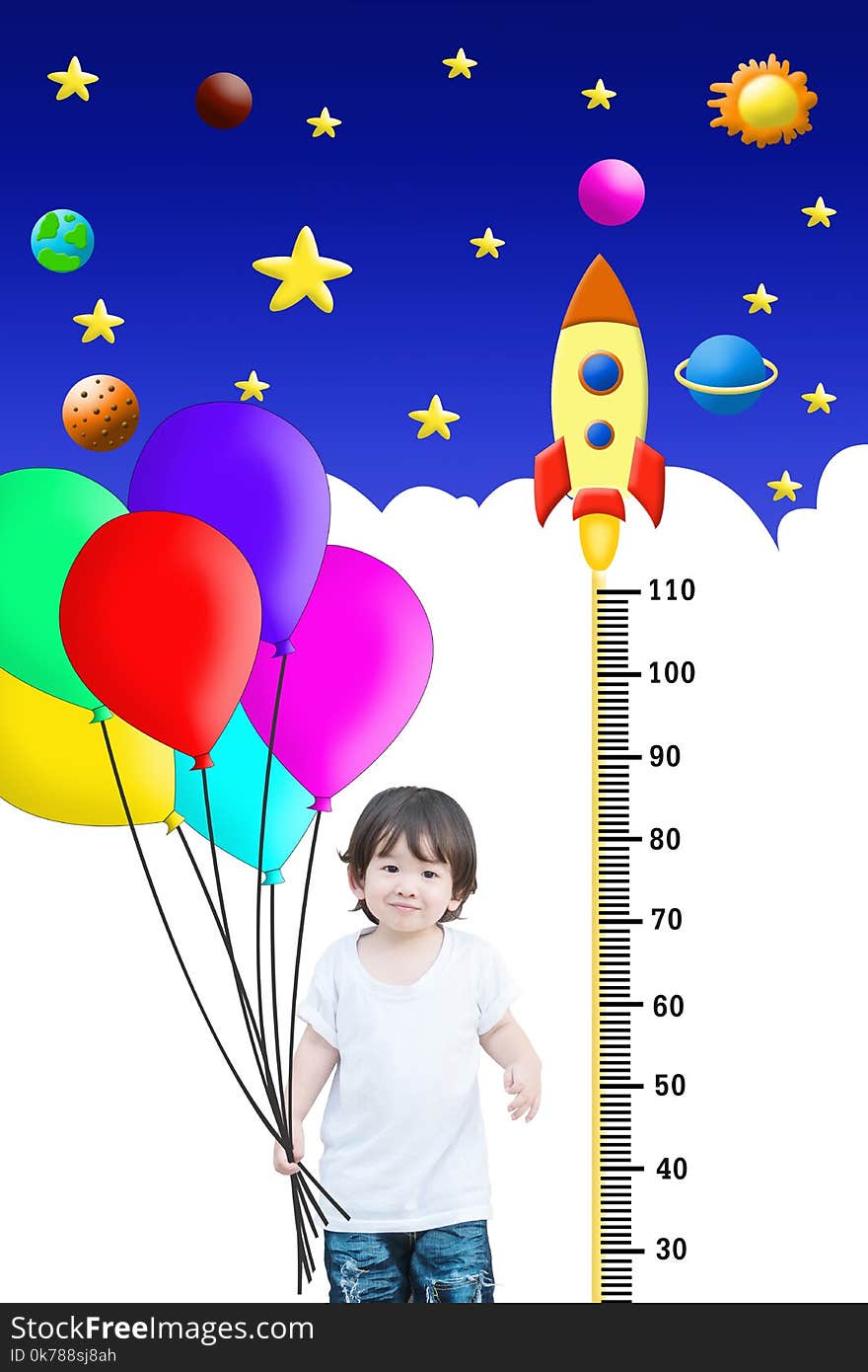 Closeup happy asian kid hold colorful balloon with measure height and cute cartoon background