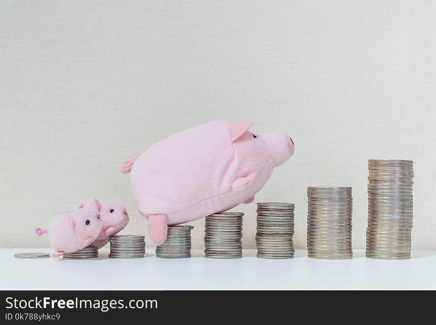 Closeup pile of coin start from low to high with pig doll and three little pig walk to the top of coin on wood desk and wallpaper