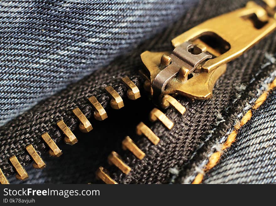 Metal Zipper And Lock On Jeans Background, Macro