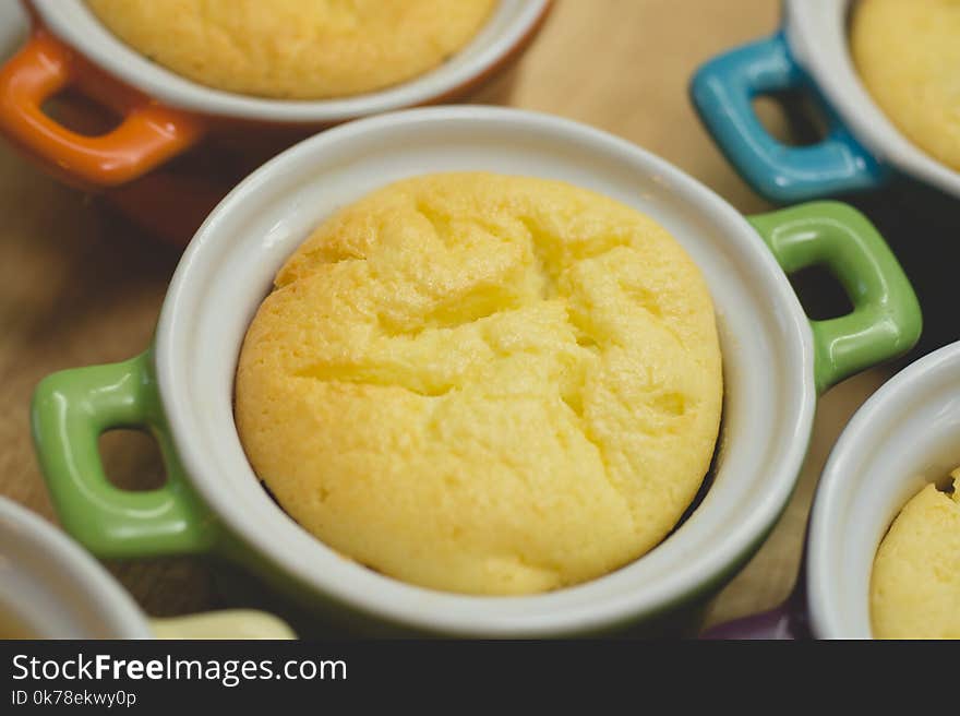 Cottage Cheese Casserole In Colored Ceramic Forms In The Form Of