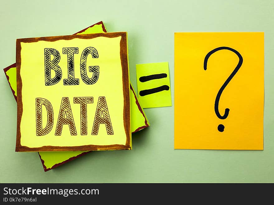 Conceptual hand writing showing Big Data. Business photo showcasing Huge Data Information Technology Cyberspace Bigdata Database Storage written Yellow Sticky Note plain background Ask for.