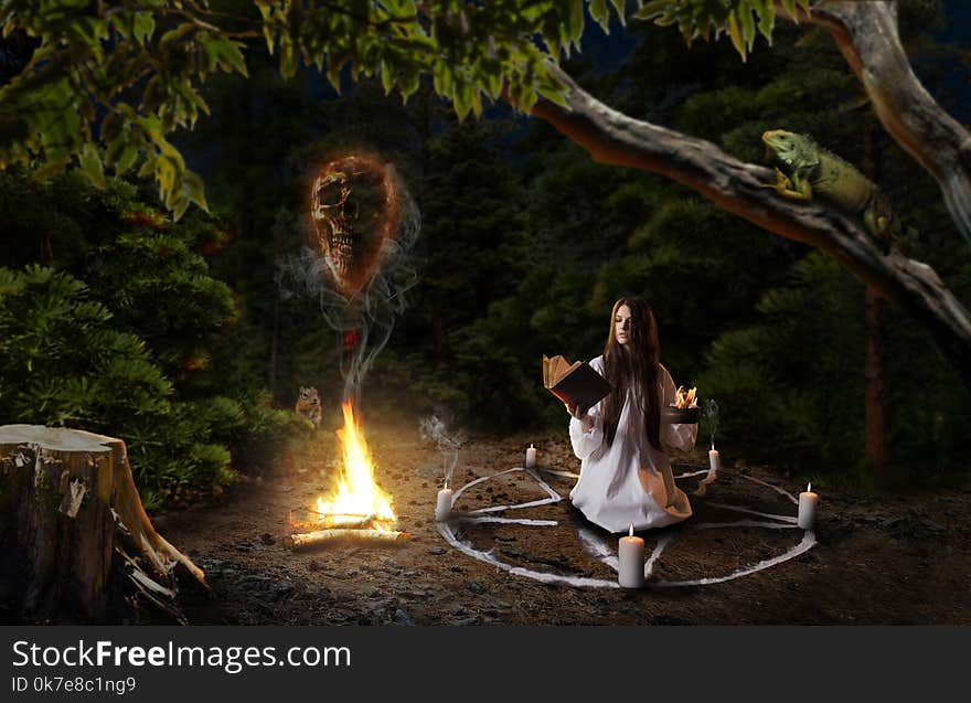 Witch in shirt calling spirits of dead people