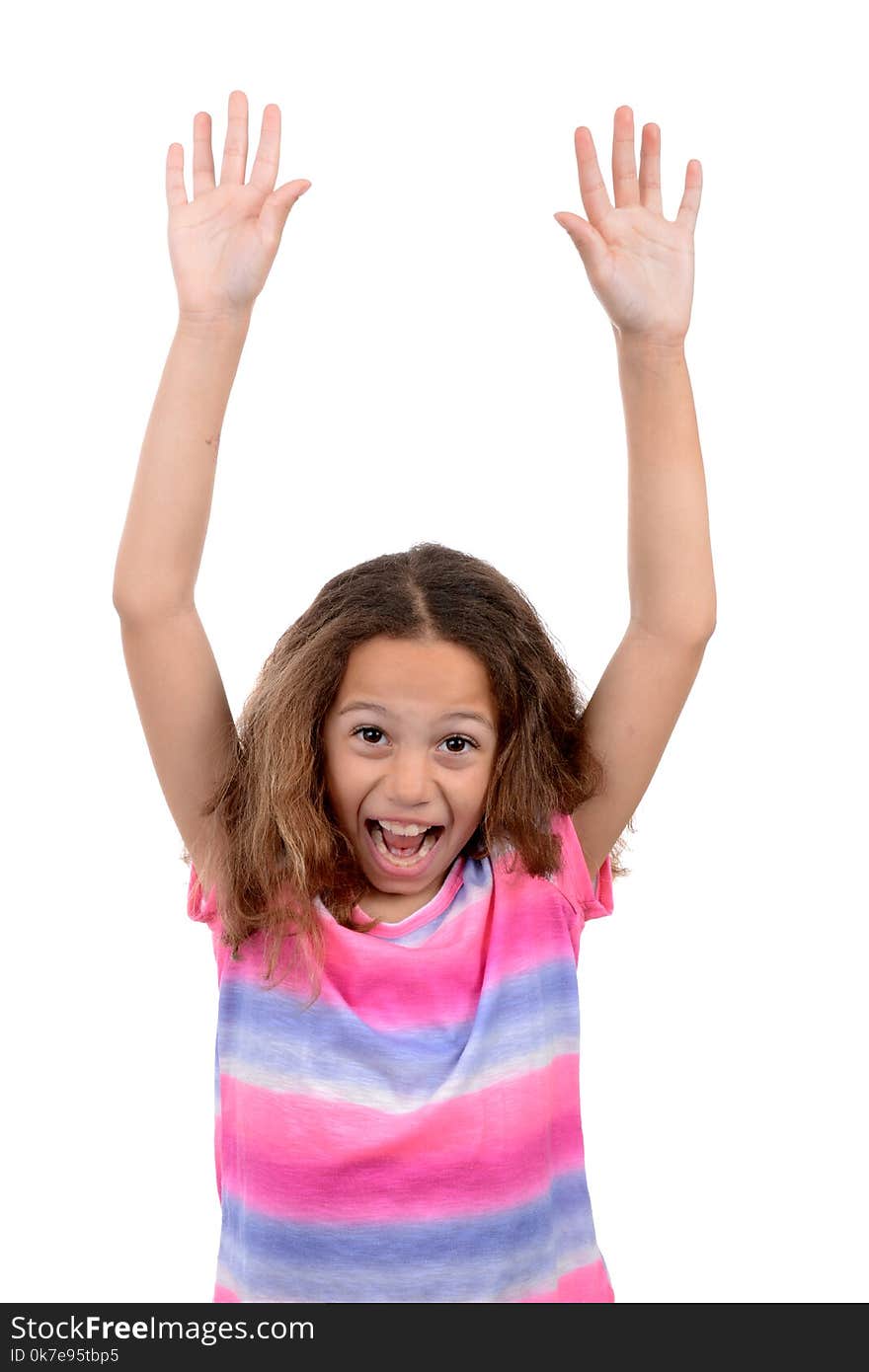 Young girl with hands above head and smiling isolated white background. Young girl with hands above head and smiling isolated white background