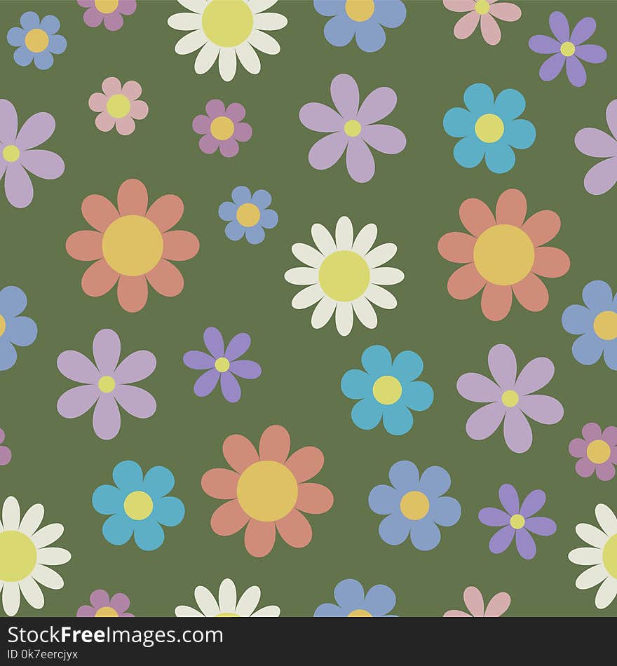 Vintage stylized daisy flower seamless pattern on green background, vector eps10