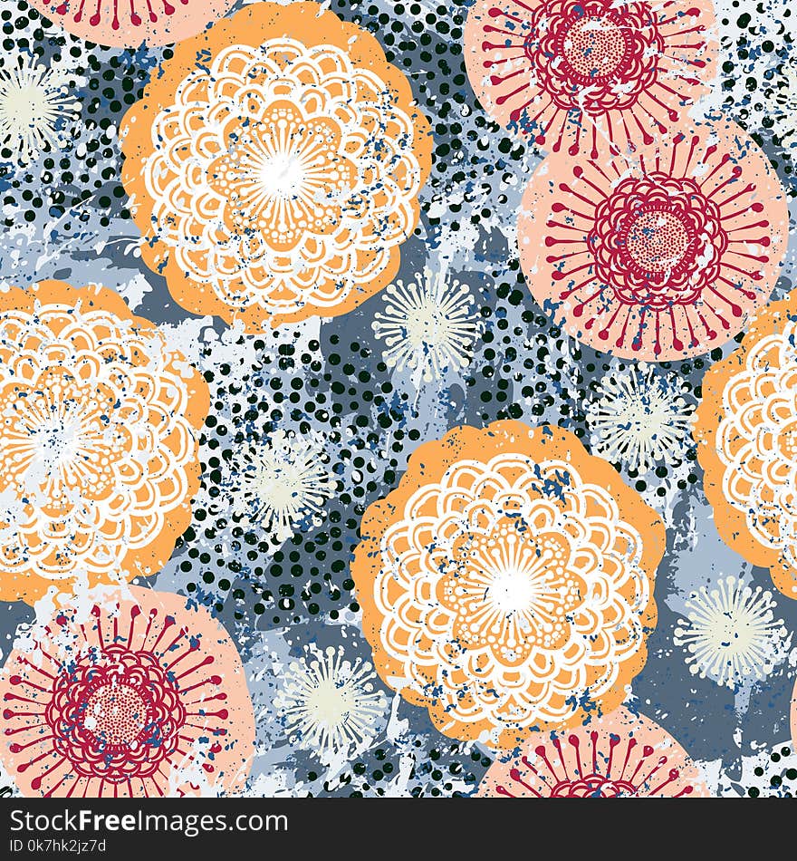 Vector floral grunge pattern on splash and splattered watercolor paint. Bold ethnic and tribal print with flowers in bright color on hand drawn background. Seamless bohemian texture in boho chic style