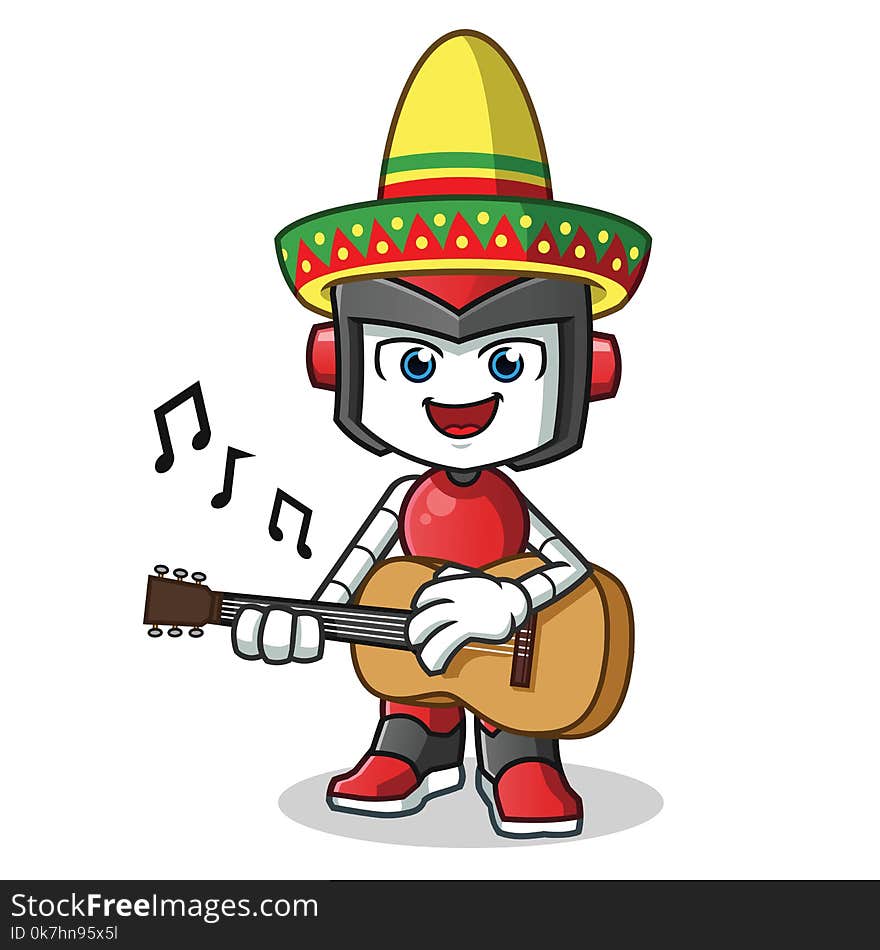 Robot humanoid playing guitar and wearing a sombrero mascot vector cartoon illustration. this is an original character.