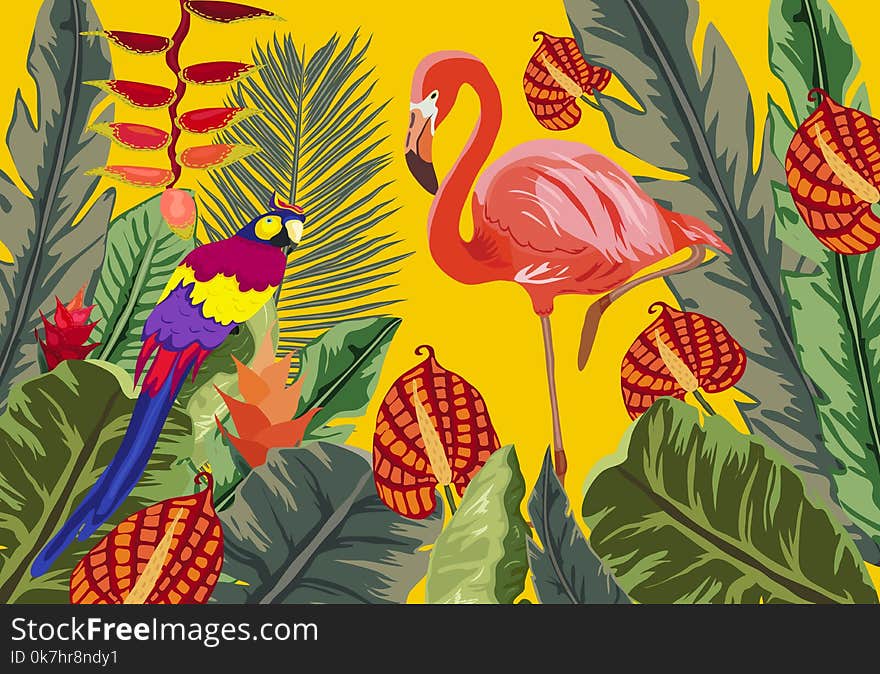 Summer tropical background. Flamingo bird with palm and banana leaves, monstera and datura flowers