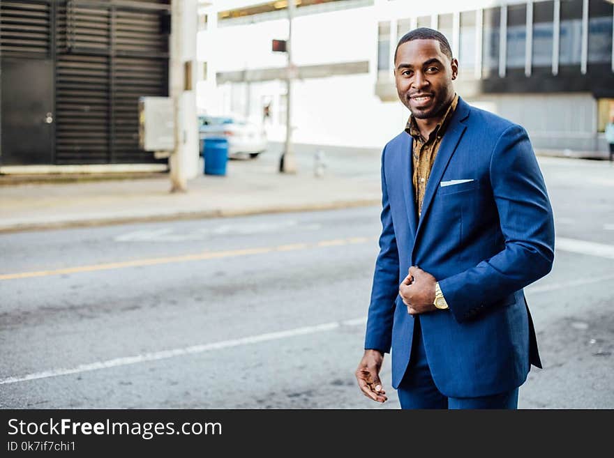 Man Wearing Blue Blazer