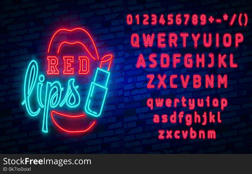 Red Lips neon sign, Set fashion neon sign. bright signboard, light banner. Vector icons