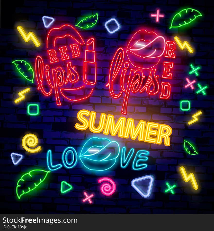 Red Lips neon sign, Retro fashion neon sign. bright signboard, light banner. Vector icons