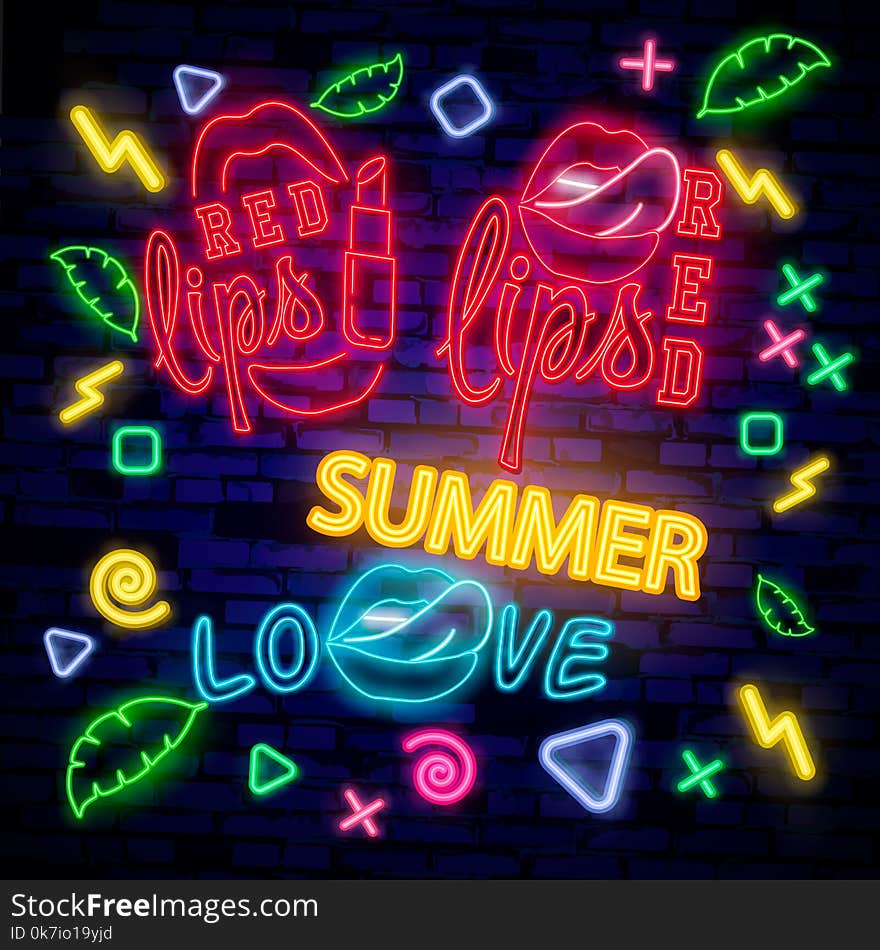 Red Lips neon sign, Set fashion neon sign. bright signboard, light banner. Vector icons