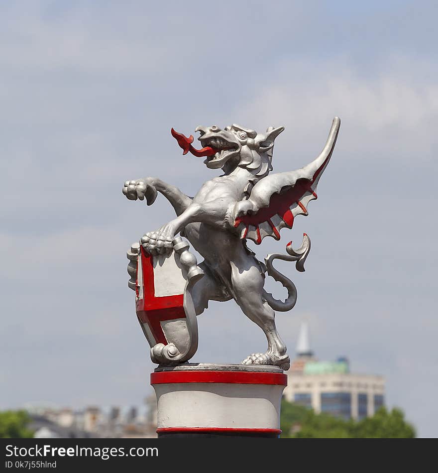 Coat of arms of the City of London, city border marker: single iron dragon holding a shield, London, United Kingdom