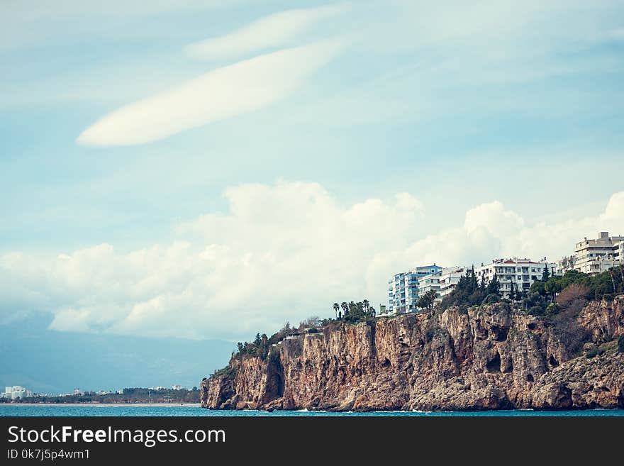 Beautiful sea coast. Coast line of the Mediterranean Sea. Seascape. Turkish resort. Mountains and the ocean.