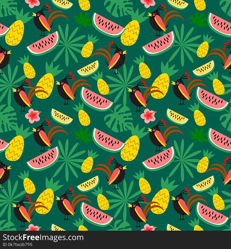 Tropical bird and tropical forest seamless pattern. Colorful in nature