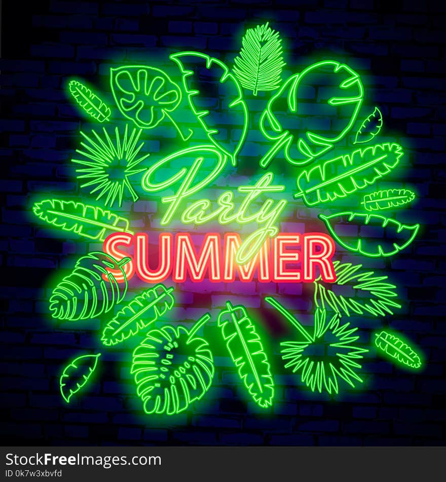 Glowing neon summer sign with neon tropical exotic leaves