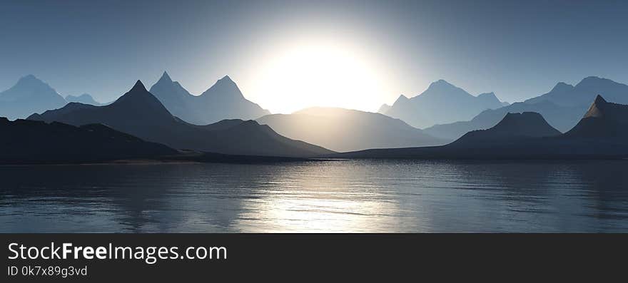 Mountain sunset, landscape of mountains with water and sun, panorama of mountains, 3D rendering