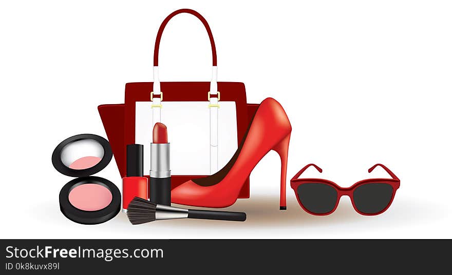 Woman makeup with bag, shoe and sunglasses