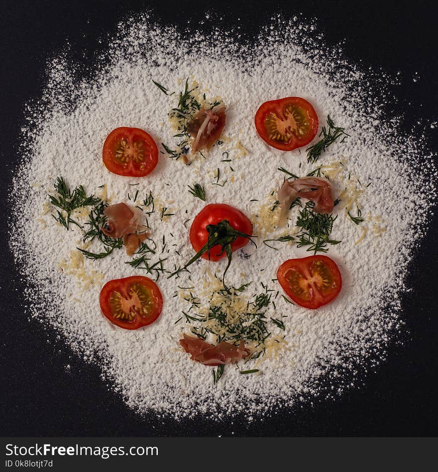 Abstract image of pizza made from flour, tomatoes, cheese and jamon. Concept