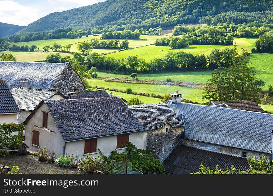 Landscape with medieval city of Auxillac in France. Auxillac is a commune in the Lozere department in the Languedoc-Roussillon region in southeastern France.