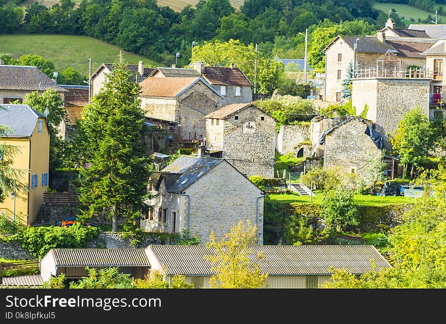 Landscape with medieval city of Auxillac in France. Auxillac is a commune in the Lozere department in the Languedoc-Roussillon region in southeastern France.