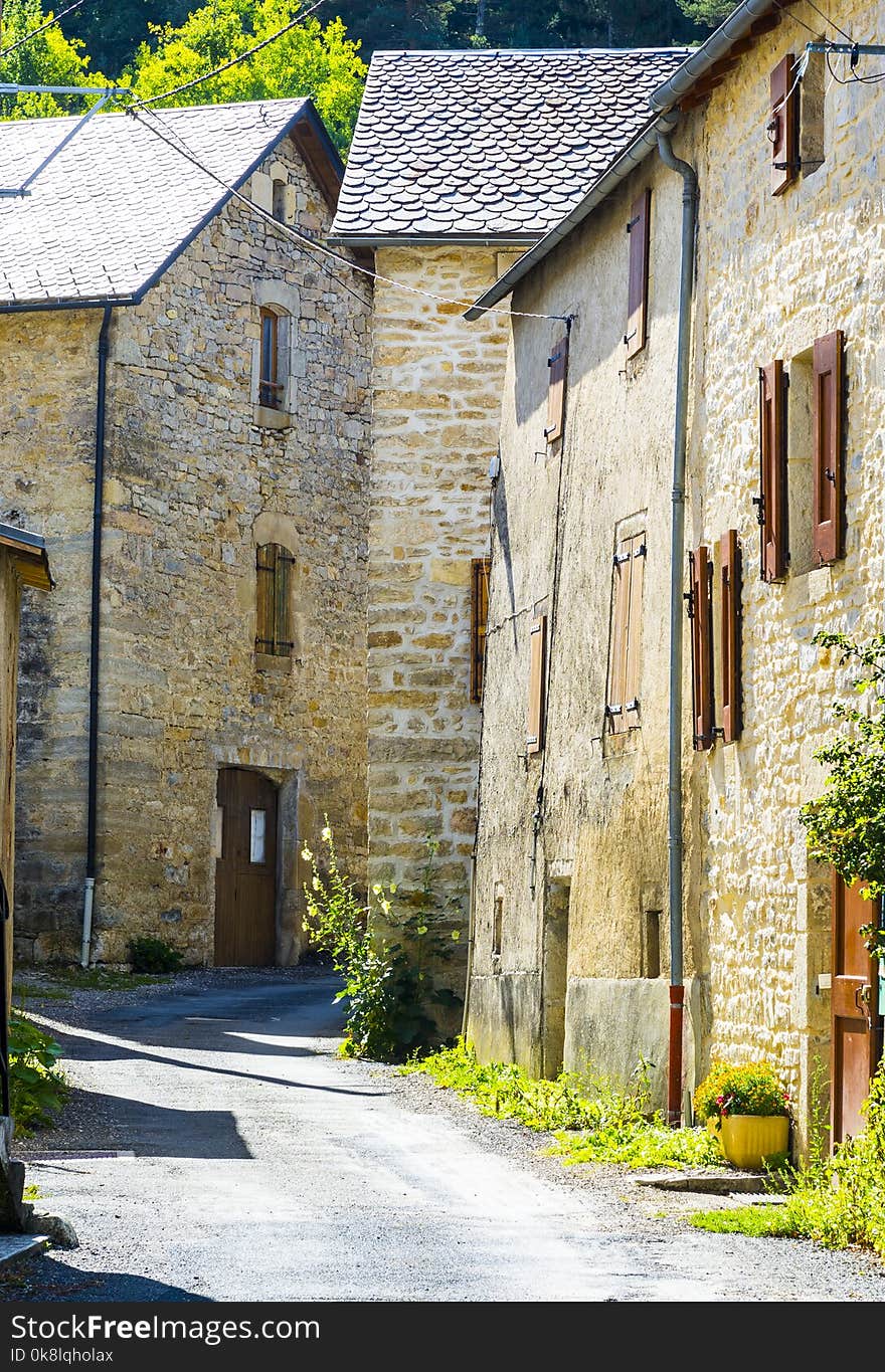 Medieval city of Les Salelles without people and cars in France. Les Salelles is a commune in the Lozere department in the region Occitanie in southern France.