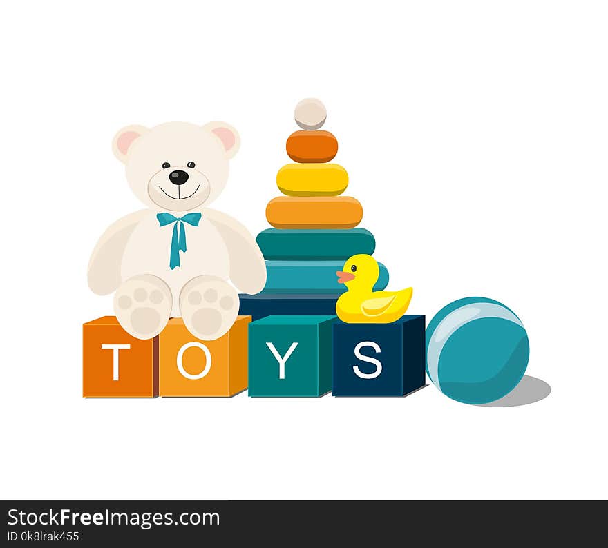 Kids toys. Bear and clorful toys isolated on white background Vector flat Illustration