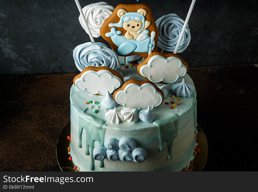 birthday cake decorated with gingerbread, bizet and zephyr on sky theme. birthday cake decorated with gingerbread, bizet and zephyr on sky theme