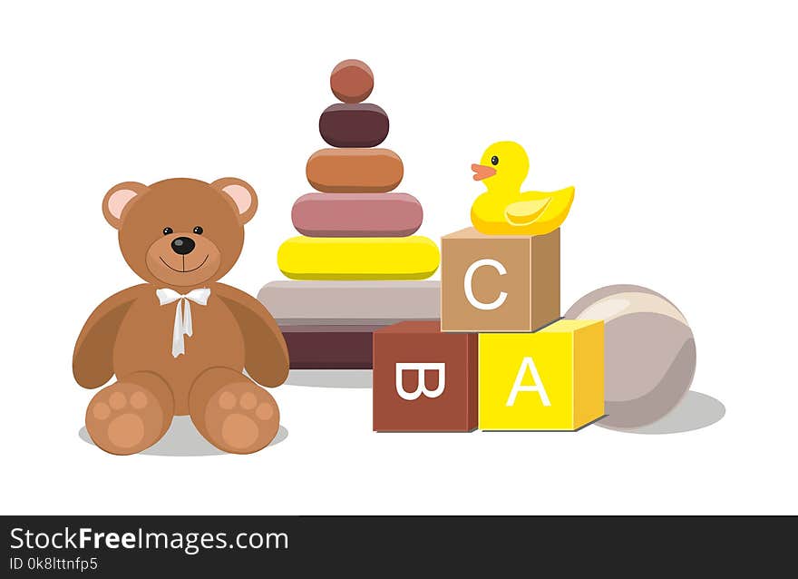 Bear and clorful toys isolated on white background. Kids toys concept.