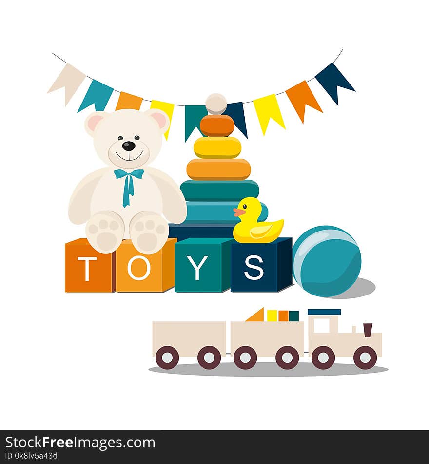 Clorful Kids toys. Teddy Bear, wooden toy train, pyramid and other