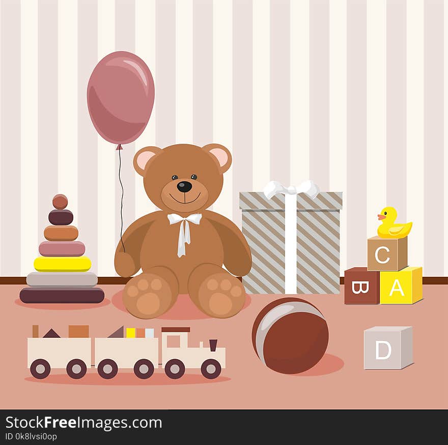 Clorful Kids toys. Teddy Bear, wooden toy train, pyramid and other Vector Illusrtation