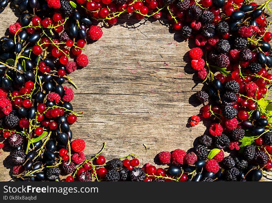 Summer Frame With Fresh Colorful Berries On Wooden Background