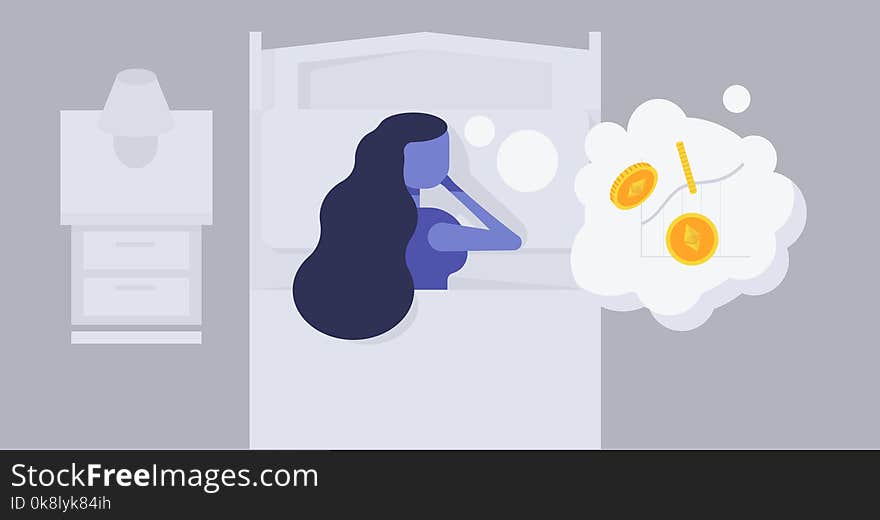 Woman Sleeps On Bed. Etherium Currency In Her Dream . Vector Illustration.