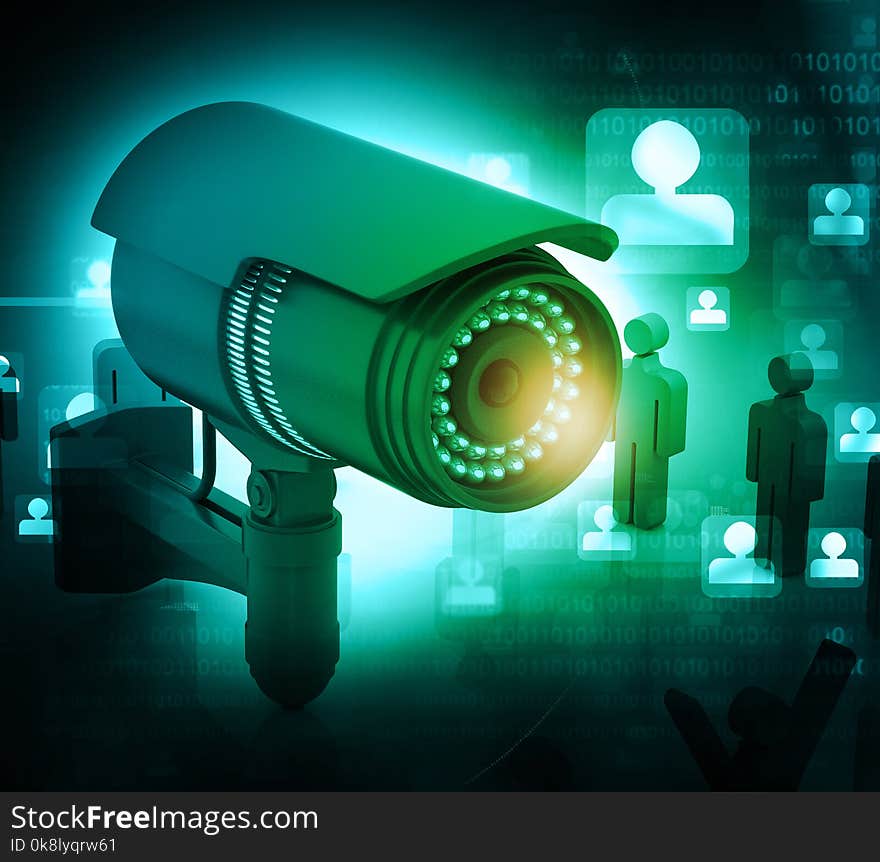 3d render of Surveillance camera with people. technology background