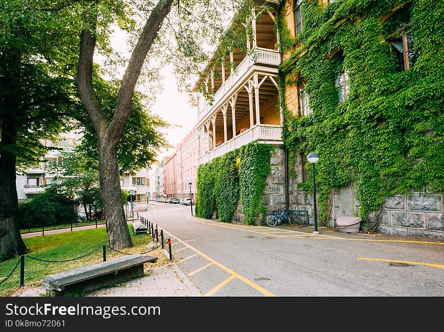 Helsinki, Finland. Wall Of House With Covered Green Ivy.