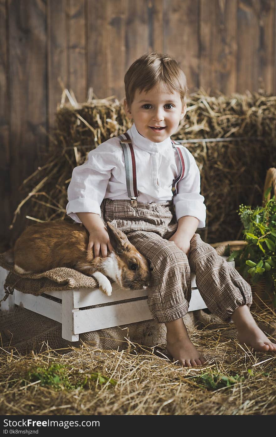 Portrait Of Baby With Bunny Of Hay And White Boxes.