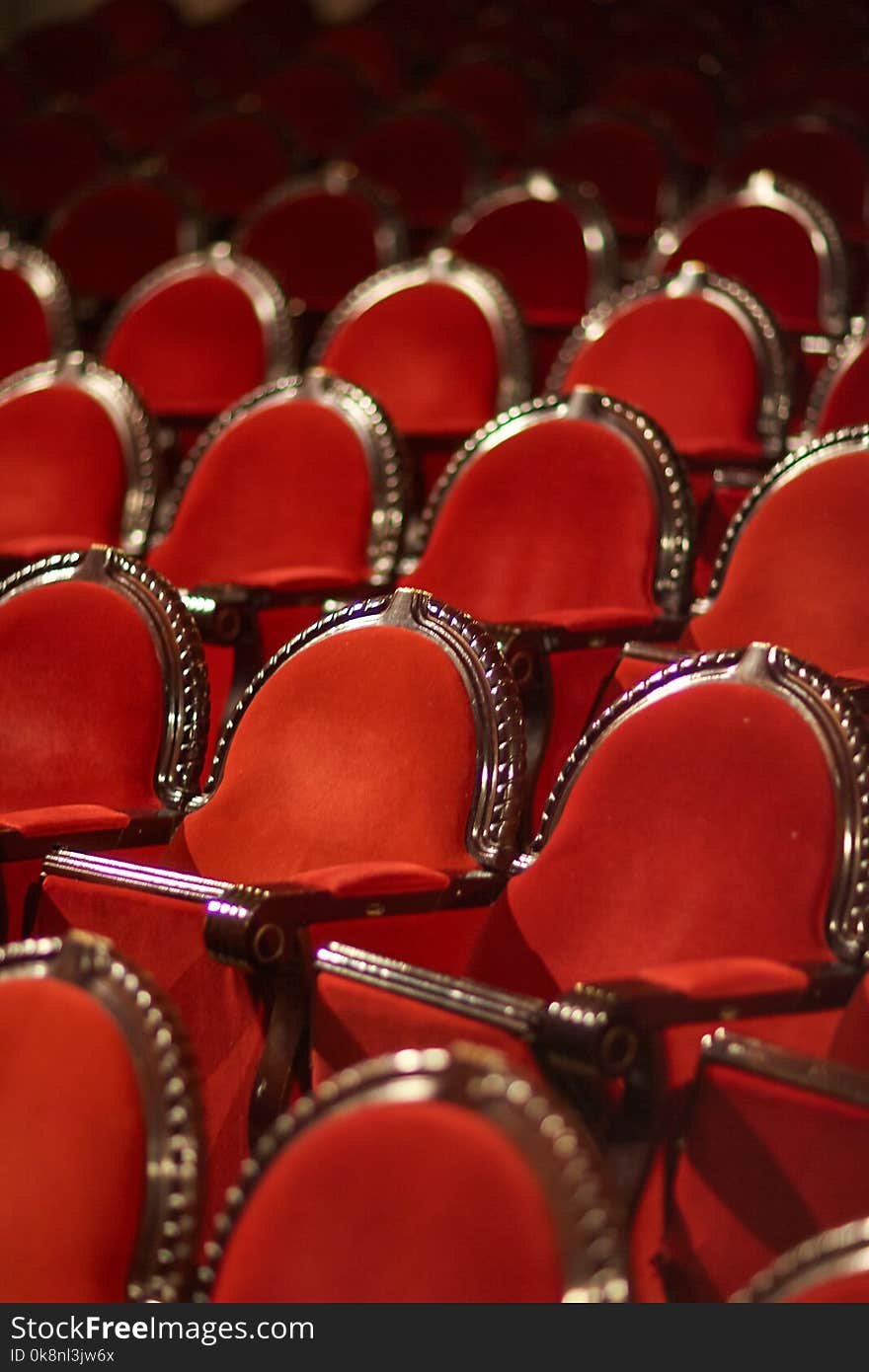 Rows of red chairs in the theater