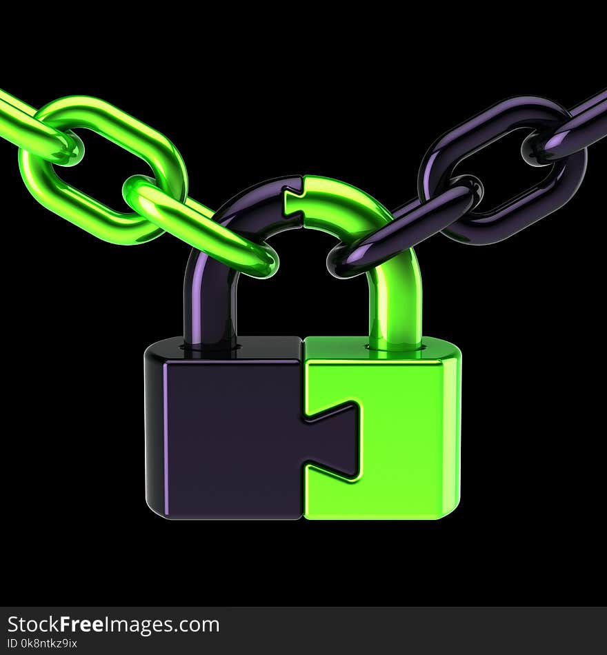 Lock closed puzzle padlock with chain. Security protection concept. 3d illustration isolated on black background. Lock closed puzzle padlock with chain. Security protection concept. 3d illustration isolated on black background