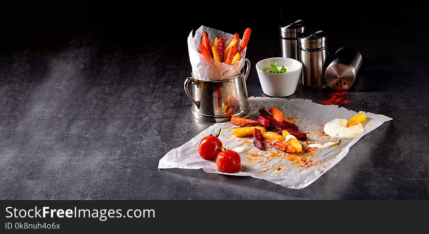 Vegetable French fries with herb quark and tomatoes