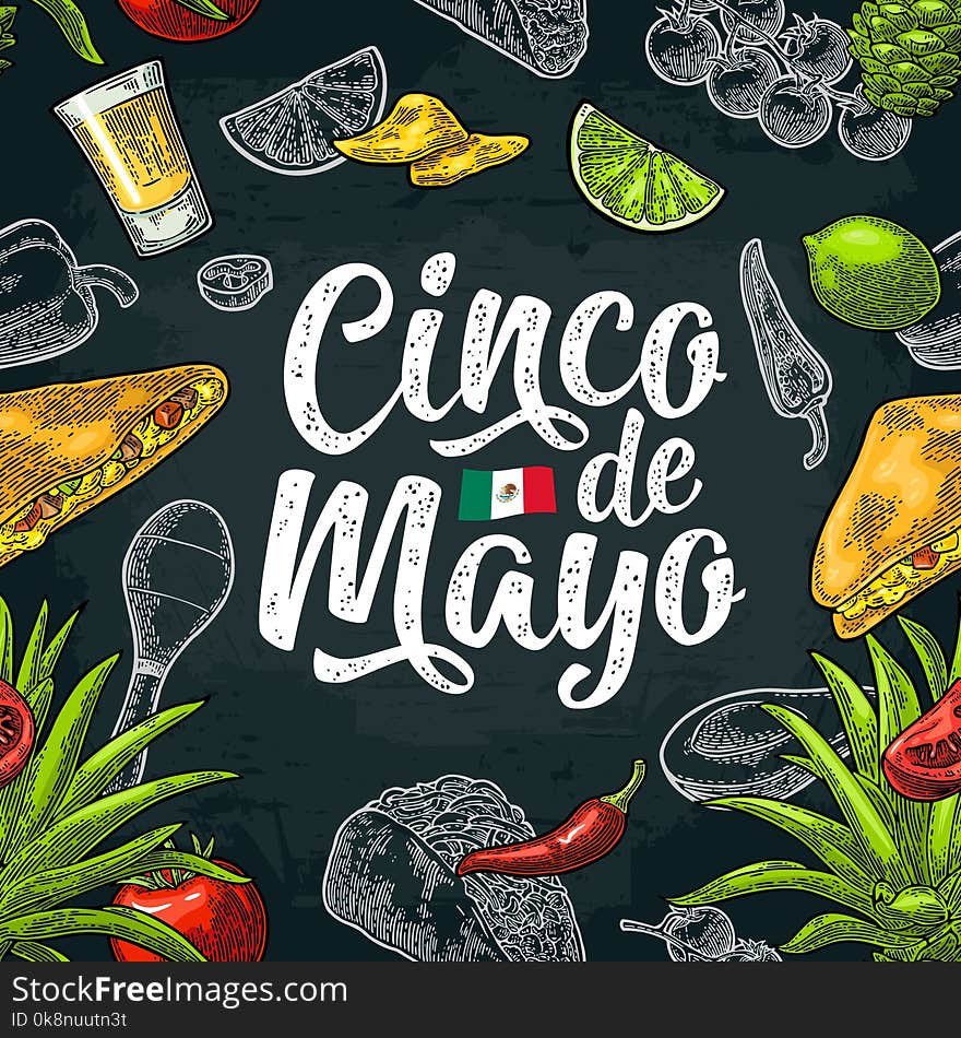 Seamless pattern mexican food and Cinco de Mayo handwriting lettering. Glass tequila, tacos nachos, and vegetables. Vector color vintage engraving illustration for menu. Isolated on dark background