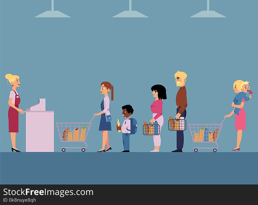 Customers in big queue at cash desk with female cashier at groceries store.