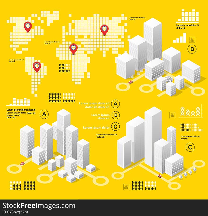 Yellow illustration infographics of urban infrastructure in the field of industrial construction and heavy industry. Template for presentation and design