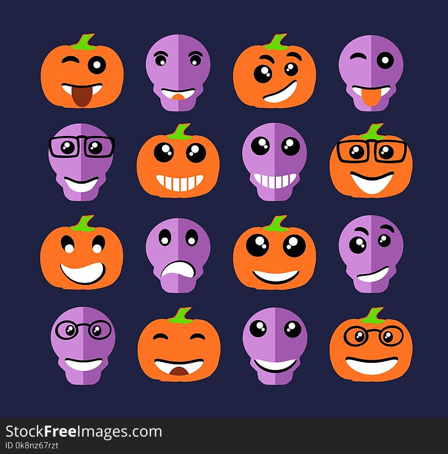 Emoji emoticon expression icons in style halloween skull pumpkin face symbols graphics