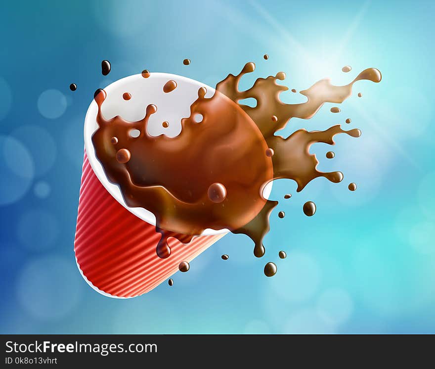 Black Coffee Splash in a Plastic Ripple Cup. Shiny Sky Background. Vector EPS10